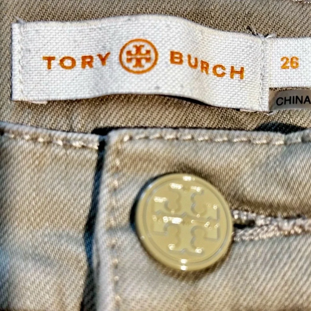 Tory Burch Emmy Beige Slim Ankle Pants Gold Snap Detail Stretch Sz 26💛